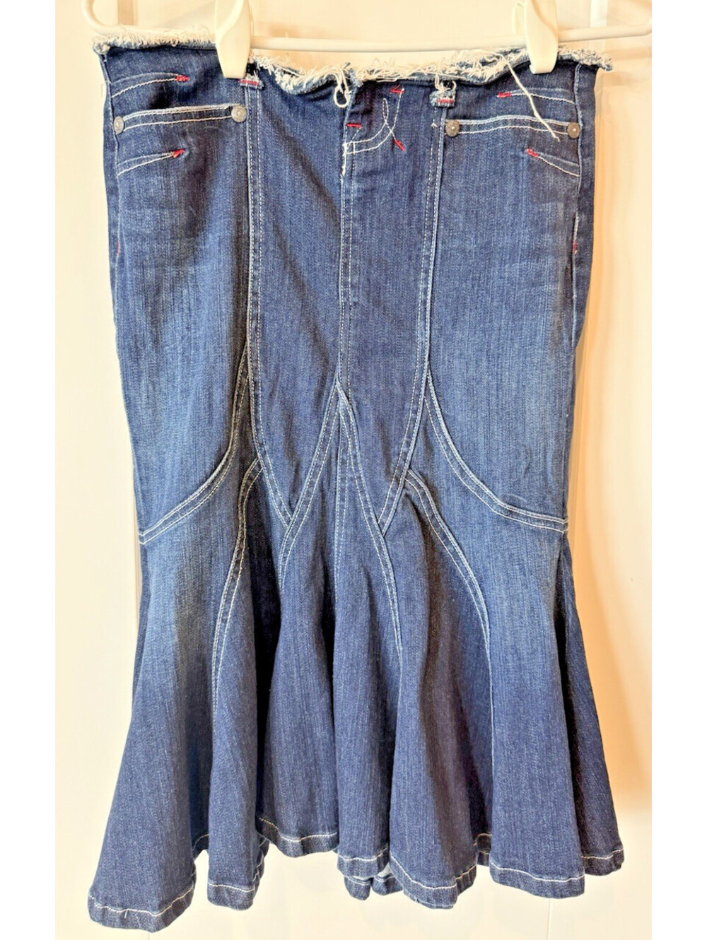 Vtg Y2K 2000s Denim Jean Skirt Mermaid Fit Flare Raw Edge Low Rise